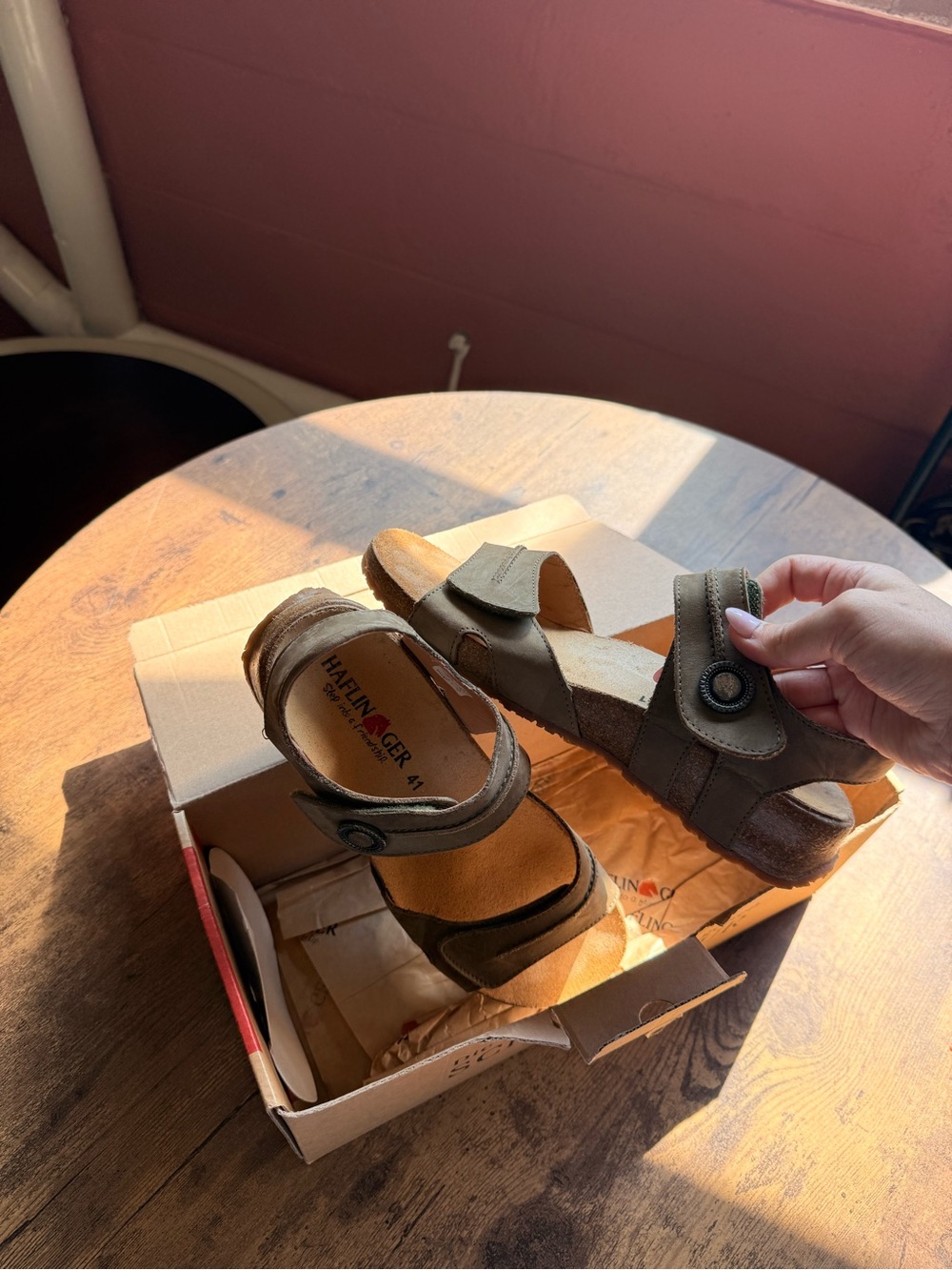 Haflinger Olive Adjustable Hook-and-Loop Sandal with Button Detail
